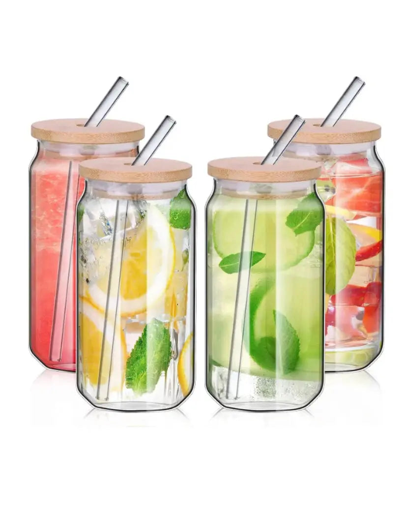 4pcs Set Drinking Glasses With Bamboo Lid And Glass Straw SowanyEssentialHome