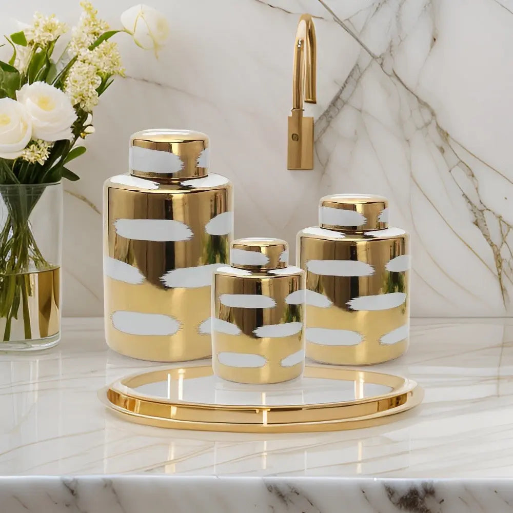 Gold Porcelain Jar with Brushstroke and Lids SowanyEssentialHome