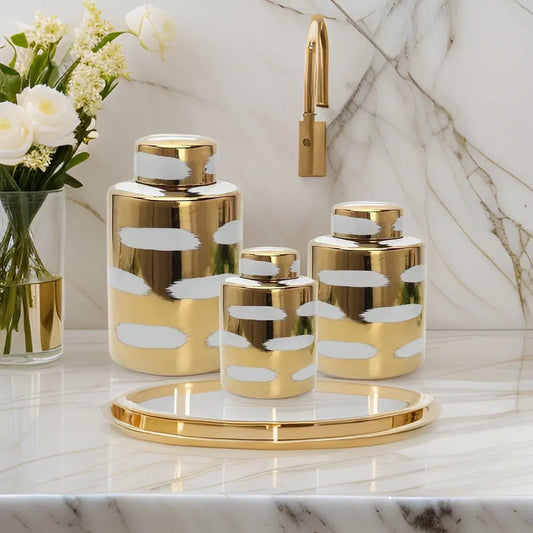 Gold Porcelain Jar with Brushstroke and Lids SowanyEssentialHome