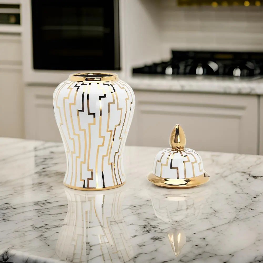 White and Gold Pattern Ginger Jar SowanyEssentialHome