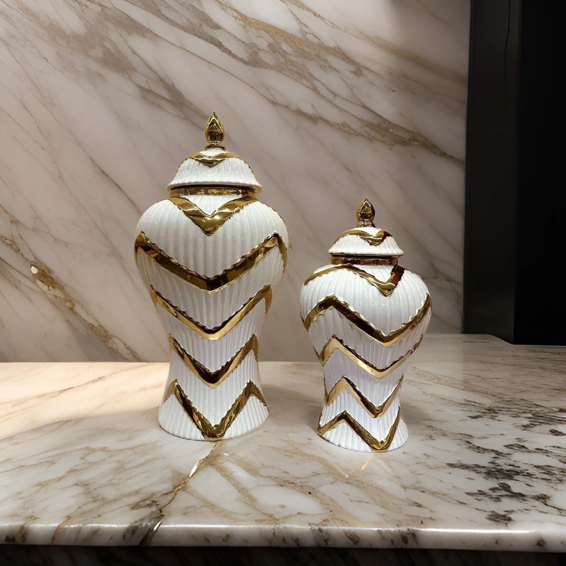 Gold and white Zig Ginger Jar SowanyEssentialHome