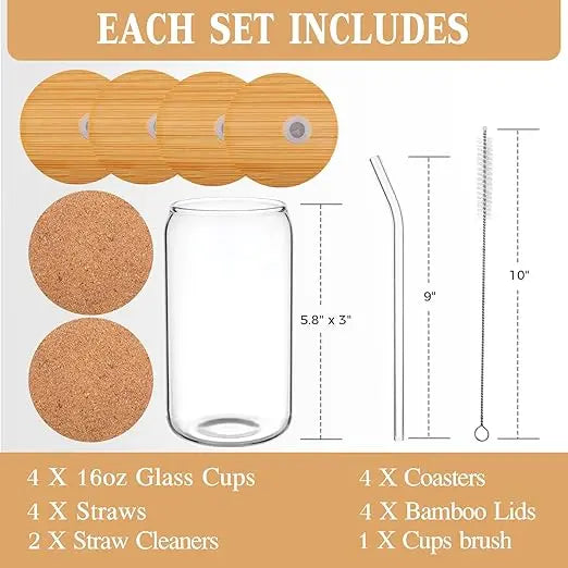 4pcs Set Drinking Glasses With Bamboo Lid And Glass Straw SowanyEssentialHome