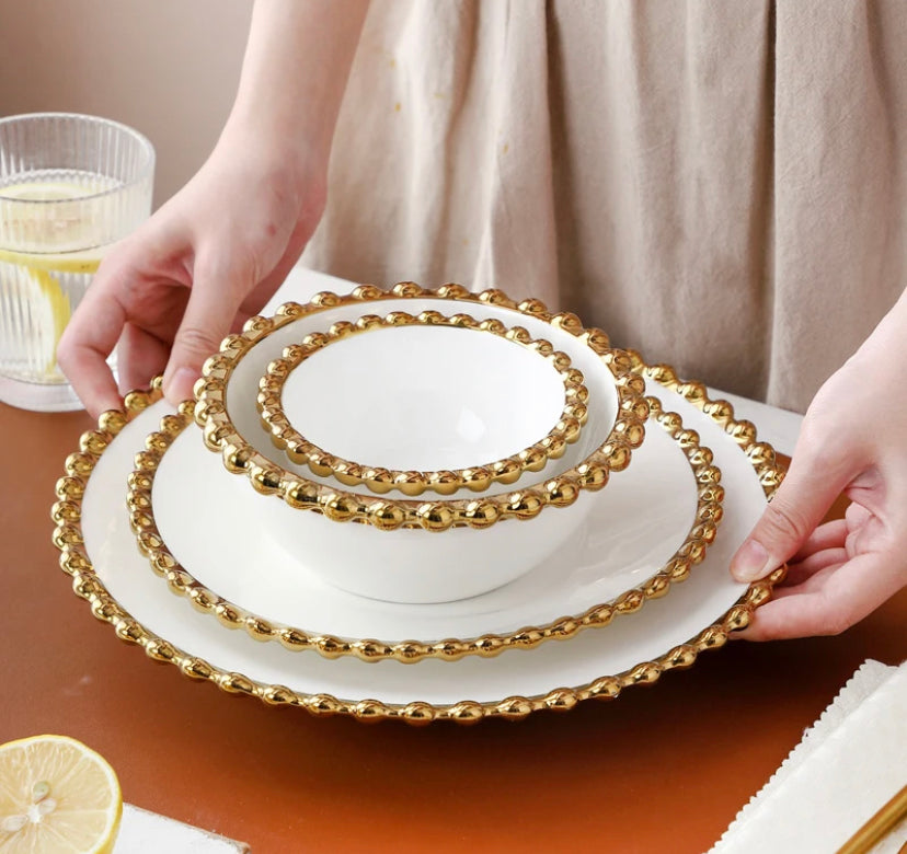 4 sets of white and Gold Beaded Dinner Set