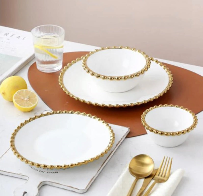 4 sets of white and Gold Beaded Dinner Set